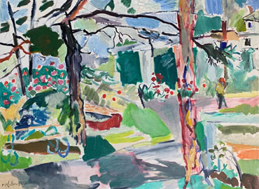 George McCullough painting, The rose garden park in Fort Wayne, oil on canvas,  George McCullough was a renowned artist and art teacher who lived in New York City and later moved to California and to Fort Wayne, Indiana.