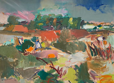 George McCullough painting, Indiana pumpkin patch, oil on canvas. George McCullough was a renowned artist and art teacher who lived in New York City and later moved to California and to Fort Wayne, Indiana