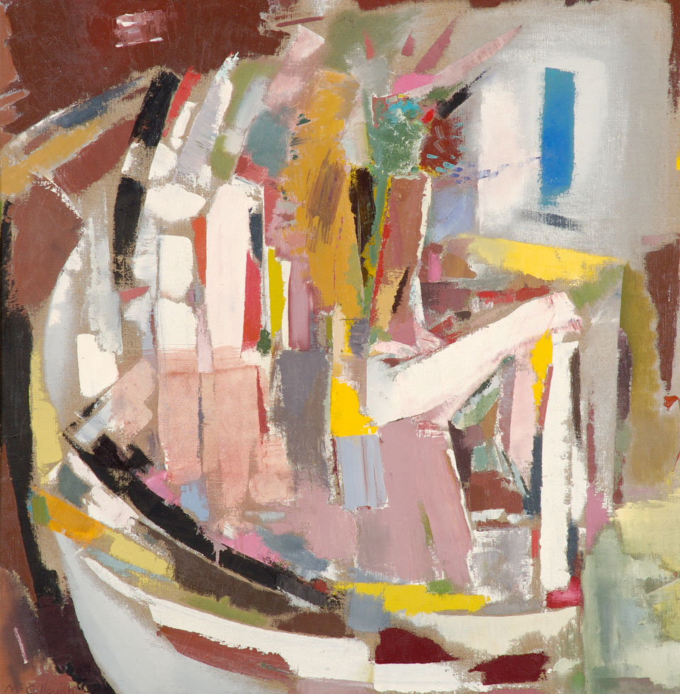 Painting by George McCullough, Kuan Yin, 1988, oil on canvas, 72 inches by 48 inches, Abstract composition. George McCullough was a renowned artist and art teacher who lived in New York City and later moved to California and to Fort Wayne, Indiana