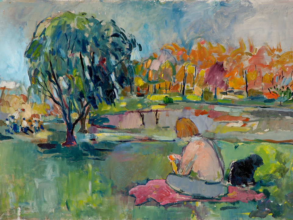 Painting by George McCullough, Sue at Lakeside Park, 1985, oil on canvas, 36 inches by 48 inches, Painting of his wife Sue knitting in the park. George McCullough was a renowned artist and art teacher who lived in New York City and later moved to California and to Fort Wayne, Indiana