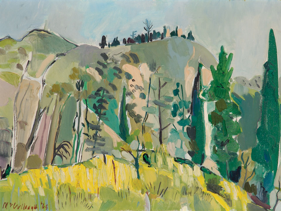 Painting by George McCullough, Victory Knoll, 1969, oil on canvas, 24 inches by 36 inches, Painting of Victory Knull in Huntington Indiana. George McCullough was a renowned artist and art teacher who lived in New York City and later moved to California and to Fort Wayne, Indiana